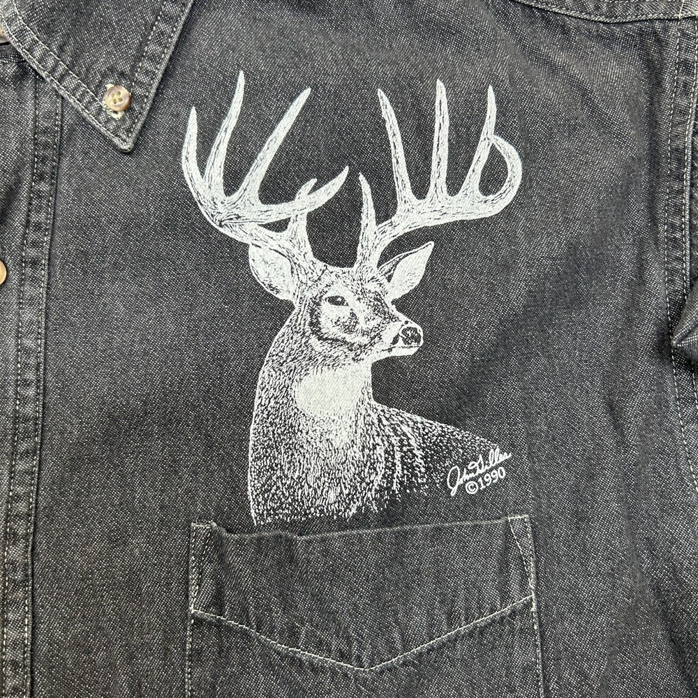 Jerzees Deer Print Shirt Mens 2XLT 2XL Tall Black Grey Chambray Long Sleeve - Picture 3 of 11